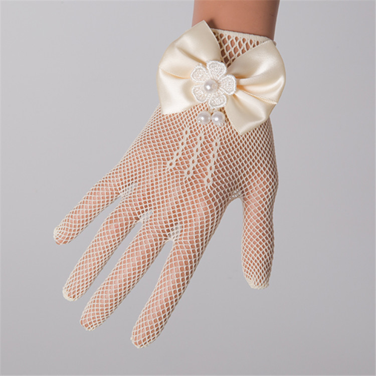 SZ60072-2 Flower Girls Lace Bowknot Net Voile Wedding Gloves Princess Glove